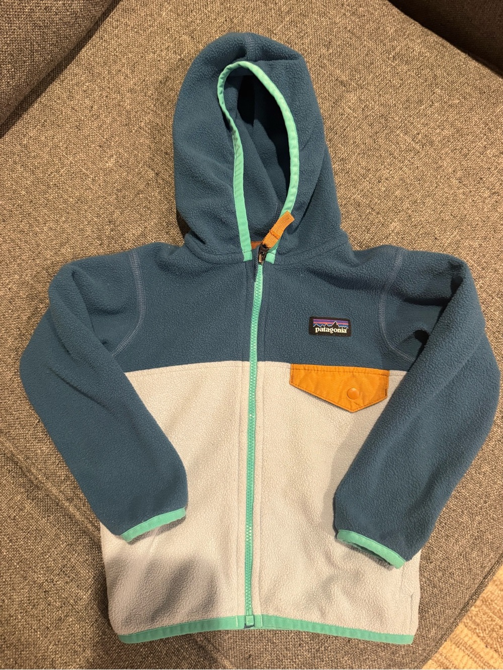 Patagonia Kids Teal and Blue Fleece Hoodie with Orange Pocket